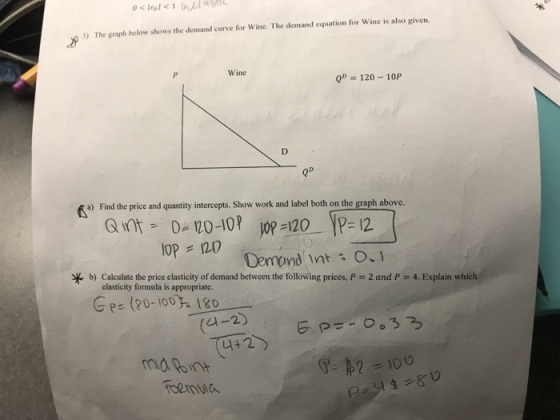 5) The graph below shows the demand curve for Wine. The demand equation for Wine is also given Wine QD = 120-10P QD a) Find the price and quantity intercepts. Show work and label both on the graph above lop=120 Demond, int ; 0.1 b) Calculate the price elasticity of demand between the following prices, P 2 and P elasticity formula is appropriate 4. Explain which EP (0-100 1o (L -2 U12) eemul