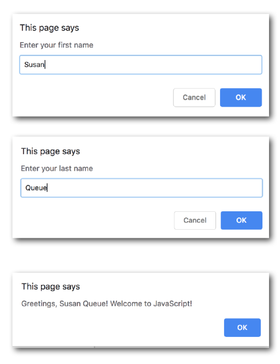 This page says Enter your first name Susan Cancel OK This page says Enter your last name Queuel Cancel OK This page says Gree