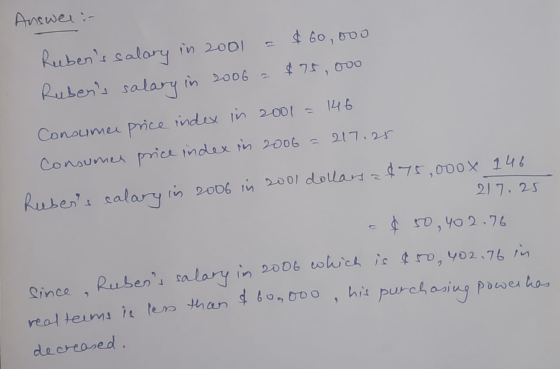 Answer :- Rubens salary in 2001 = Rubens salary in 2006 a $ 60,000 $75,000 Consumer price index in 2001 = 146 Consumer pric