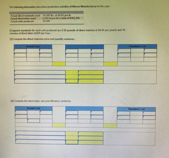 The following information describes production activities of Mercer Manufacturing for the year 16,000 lbs. at $4.05 per lb. 5