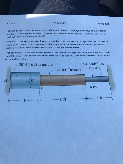 CIT 253 Homework #2 Spring 2018 Problem 1: The assembly below will be used for each problem. Lengths, diameters, and materials are provided. If the temperature when this system was assembled was 74F, what would be the stress in each cylinder at a temperature of 40F? Problem 2: If the fixed support at D were removed and the temperature change did not occur, how far would point D move if a 400 lb tension load was applied at the center of each cylinder? (Hint: what sections would you break up the assembly into to find the Normal forces?) Problem 3: Based on the results from problem 2 and the sections specified in your solution, how much would the diameter of each section shrink from the loads applied? (Hint: Look at Poissons ratio for each of the sections listed. 2014-T6 Aluminum 304 Stainless 86100 Bronze steel 12 in. 8 in Cl 4 in. 4 ft 6 ft 3 ft
