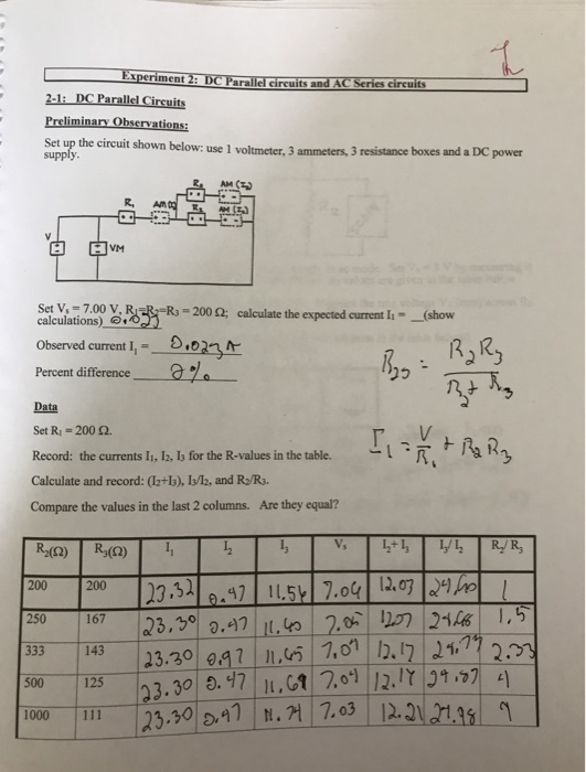 EperimentDC Faraliel circuits and AC Series circuits Set up the circuit shown below: use 1 voltmeter, 3 ammeters, 3 resistance boxes and a DC power calculations않사 -R3-2000; calculate the expected current li. (show calculations) @ Observed current ll = Percent difference 8,02 23 ㄋ Data Set R1 = 200 Ω. Record: the currents Ii, la, Ib for the R-values in the tableRk Calculate and record: (l2+13), I/12, and Ro/R3. Compare the values in the last 2 columns. Are they equal? 0020033 250 167 123.99 0.47 11.40 | 2.0-ba 124481 1,5 333 143 500125 23.30 .L 1000ー尸ー125.solon|IN어1203|1220|21.181-n 111 30 T.