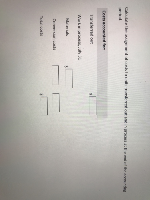 Calculate the assignment of costs to units transferred out and in process at the end of the accounting period. Costs accounte