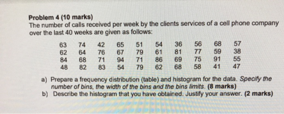 81 Problem 4 (10 marks) The number of calls received per week by the clients services of a cell phone company over the last 4