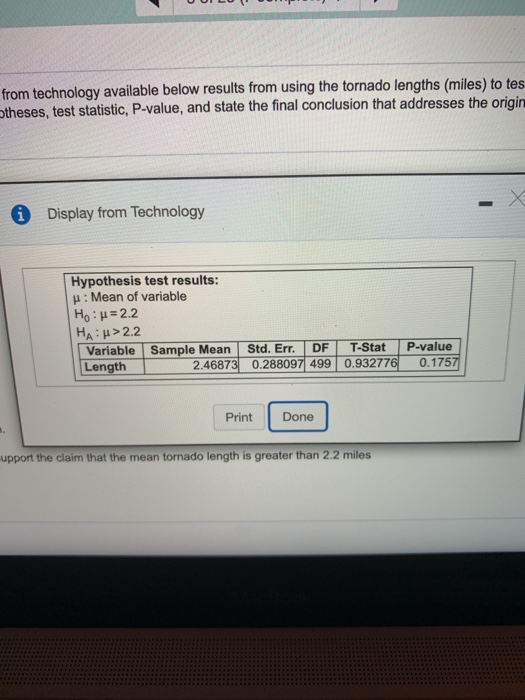 from technology available below results from using the tornado lengths (miles) to tes ptheses, test statistic, P-value, and s