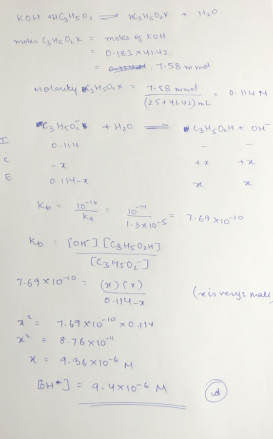 KOH +HG Hs Oz 2 HC3 Hs OzK + H₂O moles C₂ Hs O₂k = 2 = moles of KOH р. 103 хи). 2. че 11:58 m we Molarity by HjOik = 7.58 mmo