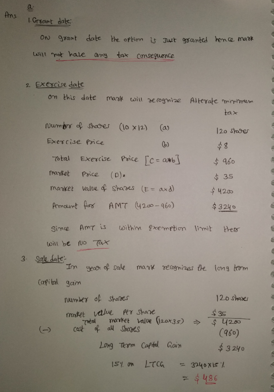 Ans I-Grsamt date ON 9rant date the opions Just amted hem ce maok will not hale amy tax Comseguence 2 EXescise date on this d