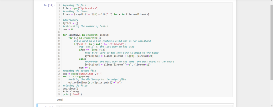 In [14]: 4 7 num = 0 1 #opening the file 2 file = open(lyrics.docx) 3 #reading the lines lines = [x.split(\n)[0].split(