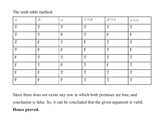 The truth table method: xp pz xz E Since there does not exists any row in which both premises are true, and conclusion is fal
