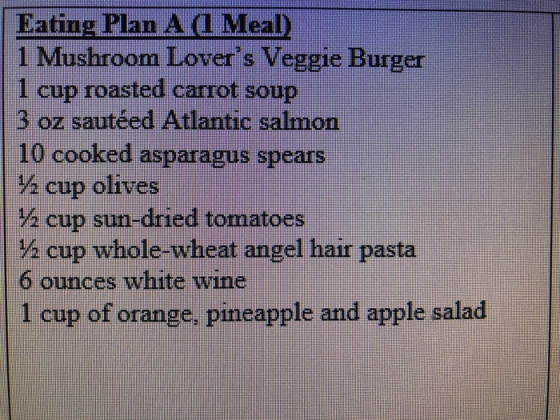 Eating Plan A l Meal) 1 Mushroom Lovers Veggie Burger 1 cup roasted carrot soup 3 oz sautéed Atlantic salmon 10 cooked asparagus spears ½ cup olives 2 cup sun-dried tomatoes ½ cup whole-wheat angel hair pasta 6 ounces white wine 1 cup of orange, pineapple and apple salad