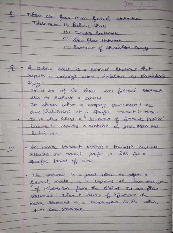 Date 1 There are There are four main finnial statements (1) Balance sheets (ii) Income Statements in Los-flow statement Stete