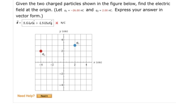 Given the two charged particles shown in the figure below, find the electric field at the origin. (Let --26.00 nc and 2 -2.00 nc. Express your answer in vector form.) y (cm) gi x (cm) Need Help?