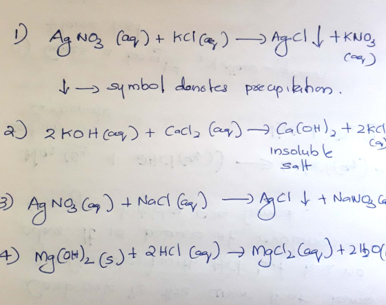 11 Ag Noz (aq) + Keli (as) Agcll + KNO3 bo symbol denotes precipitation 2) 2 KOH(aq) + Cacla (aq) → CaCOH)₂ + 2kd Can insolub