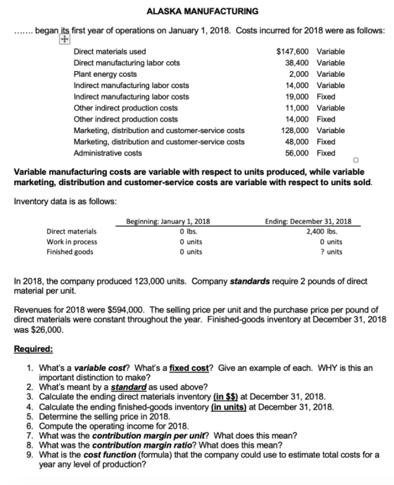 ALASKA MANUFACTURING began its first year of operations on January 1, 2018. Costs incurred for 2018 were as follows: $147,600