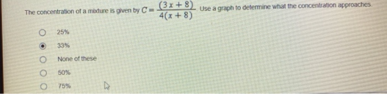The concentration of a mixture is given by C = (3x+8). Use a graph to determine what the concentration approaches. 4(x+8) o 2