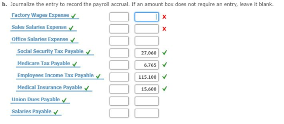 b. Journalize the entry to record the payroll accrual. If an amount box does not require an entry, leave it blank. Factory Wa