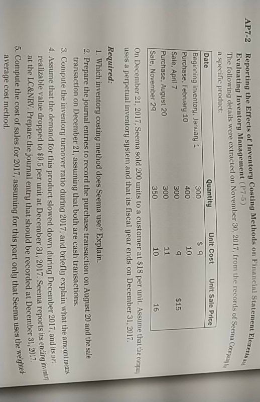 statement Elements un AP7-2 ecords of Seema Companyia Reporting the Effects of Inventory Costing Methods on Financial Stateme
