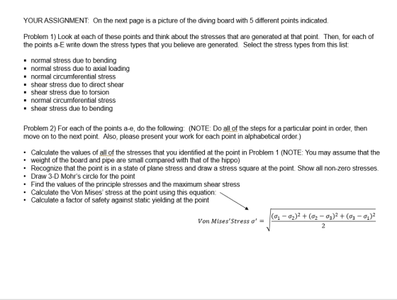 YOUR ASSIGNMENT: On the next page is a picture of the diving board with 5 different points indicated. Problem 1) Look at each