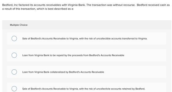 Bedford, Inc factored its accounts receivables with Virginia Bank. The transaction was without recourse. Bedford received cas