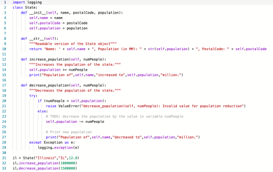 import logging class State: def __init_(self, name, postalCode, population): self.name = name self.postal Code = postal Code