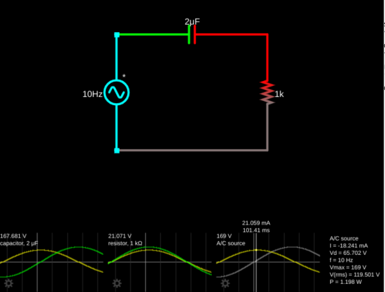 2uF 10Hz 1k 21.059 nA 101.41 ns 169 v 167.681 v capacitor, 2 UF 21.071 v resistor. 1k2 AJC source A/C source [= -18.241 mA Vd