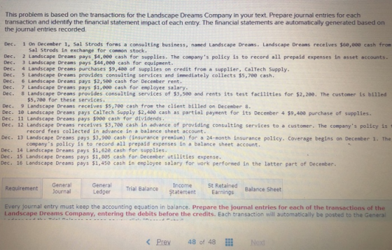 Dec. This problem is based on the transactions for the Landscape Dreams Company in your text. Prepare journal entries for eac