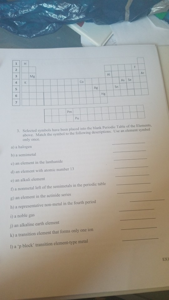 3. Selected symbols have been placed into the blank Periodic Table of the Elements, above. Match the symbol to the following