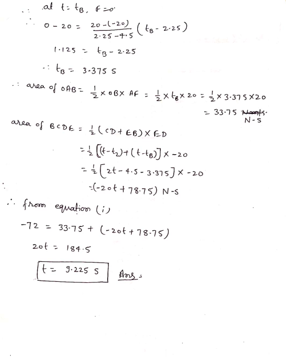 .: .. at t= to,f=0 0 - 20 - 20-(-20) I to-2-25 ) 2.25 -4.5 1.125 = t3 - 2:25 - to = 3-375 s area of OAB - * XOBX AF = 5x tex