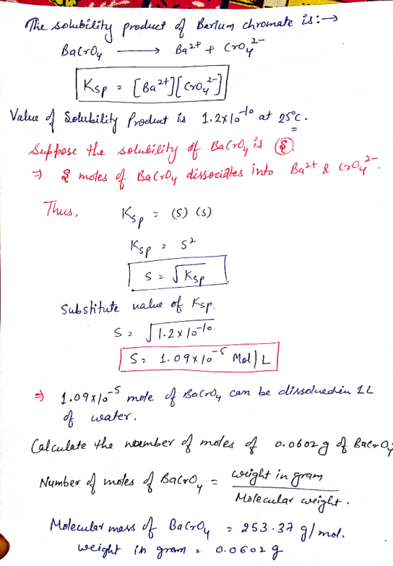 The solubility product of Berium chromate is : → Batron - Bazt f crop | Ksp = [Ba2+][2003] Valece of solubility Product is 1.
