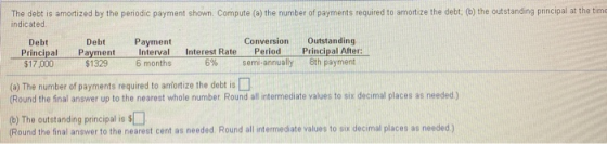 The debt is amortized by the periodic payment shown Compute (a) the number of payments required to amortize the debt; (b) the