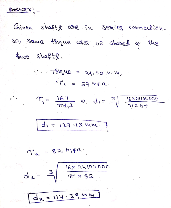 Answer: - . Given shafts are in series connection. so same torque will be shared by the wo Shaftl. . Tolque = 24100 N-m, . ..