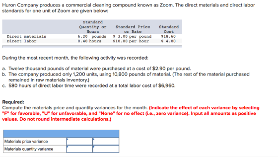 Huron Company produces a commercial cleaning compound known as Zoom. The direct materials and direct labor standards for one