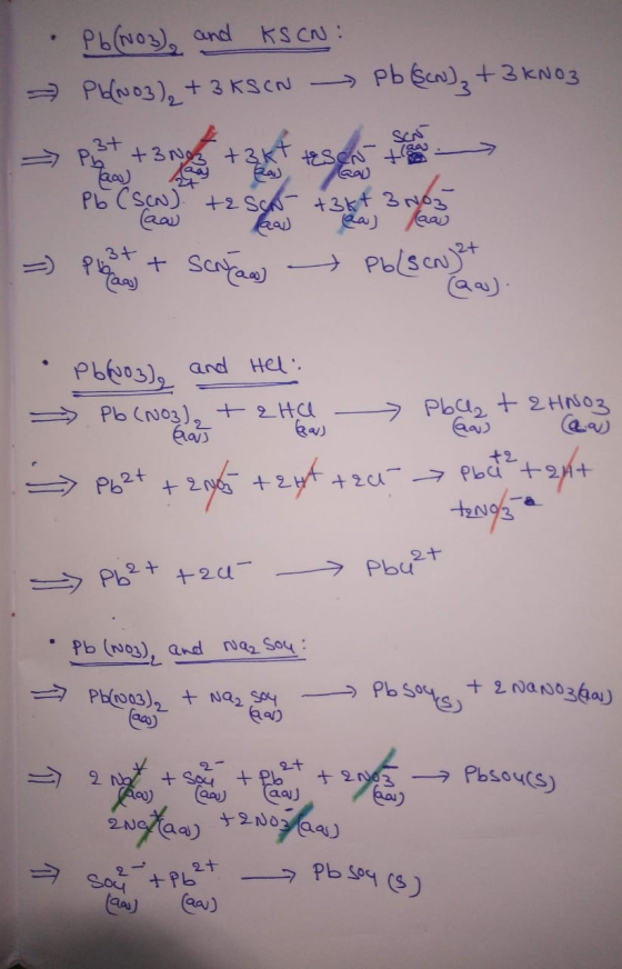 Pb(NO3 and KSCN: ² Pb(NO3) + 3 KSCN Pb (SCN) + 3 KNO3 => post +30 +2x4 tsp =) Plast at Sertan - Pb/s Nyt Pb(NO3), and Hel: →