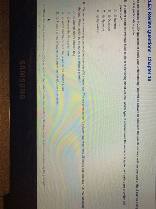 CLEX Review Questions - Chapter 16 se are practice NCLEX questions to check your understanding. You will be allowed to comple