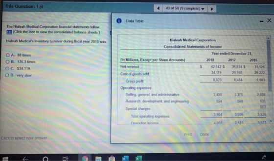 This Question: 1 pt 43 of 50 (9 complete) Data Table The Hialeah Medical Corporation financial statements follow E (Click the