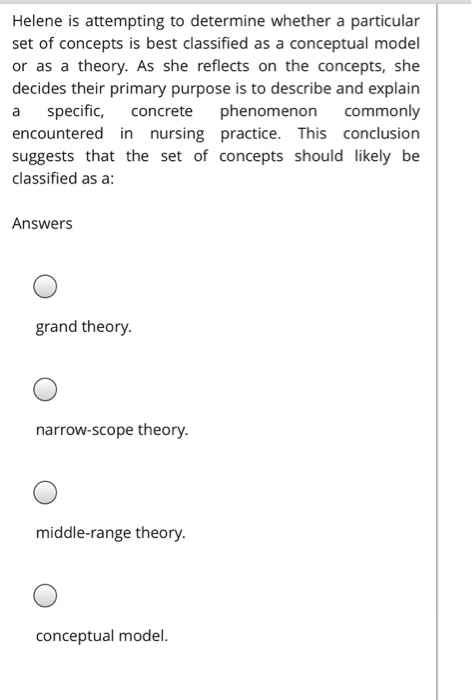 Helene is attempting to determine whether a particular set of concepts is best classified as a conceptual model or as a theor