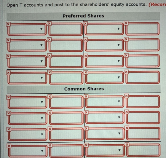Open T accounts and post to the shareholders equity accounts. (Recor Preferred Shares Common Shares
