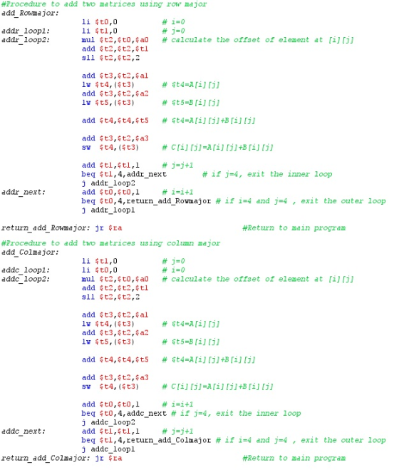 #Procedure to add two matrices using row major add Rowmajor # i-0 j-0 calculate the offset of element at [i] [jl li t0,0 li t
