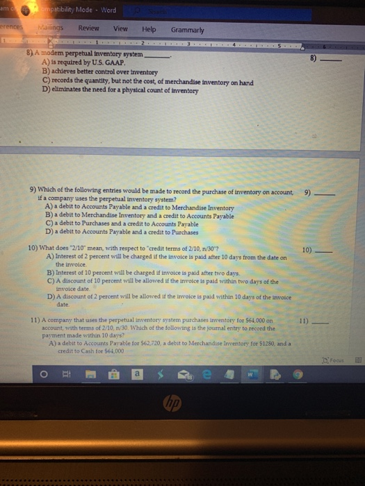 am r o mpatibility Mode - Word erencesM aiings Review View Help Grammarly 8) A modem perpetual inventory system A) is require