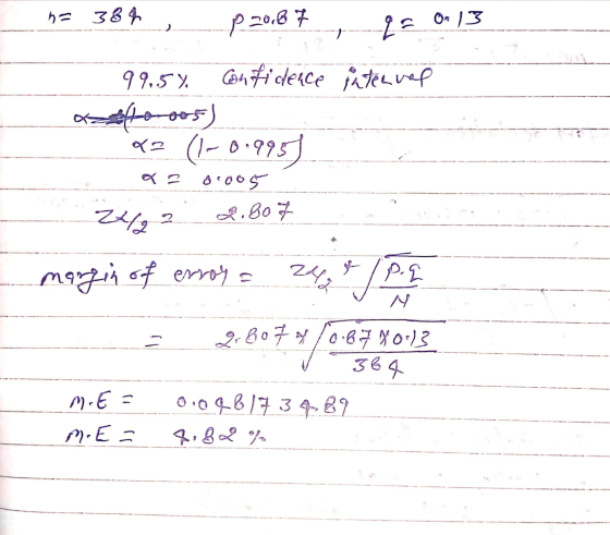 n= 384 , p 2007, ao Or 13 99.5% confidence interval المهمه 22 (1-019951 26005 242 2 2.807 margin of error = 24 e / P. 2 __ 2.