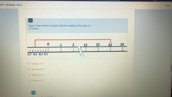 6210 - Surveying - Sec1) Close 13 Type of tape shown in figure and the reading of the tape is (2 points) 0 2 21 22 23 24 0.7
