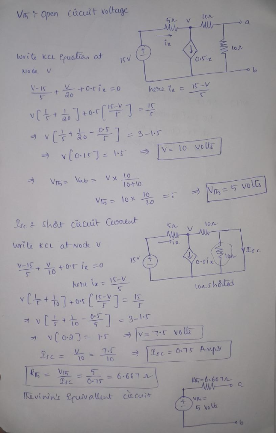 Vi5 Open cucuit voltage ix. turiti kel Prualias at ISv Node V 8o Is-v Is o+10 on o-FIx l o hehi (に15-V ton shatid Is desc= 10 Vi 6.667ル. - 陈-6、667 KavininsEpuivalent cucuir