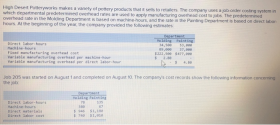 High Desert Potteryworks makes a variety of pottery products that it sells to retailers. The company uses a job-order costing
