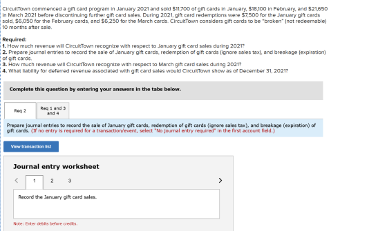 CircuitTown commenced a gift card program in January 2021 and sold $11,700 of gift cards in January, $18,100 in February, and
