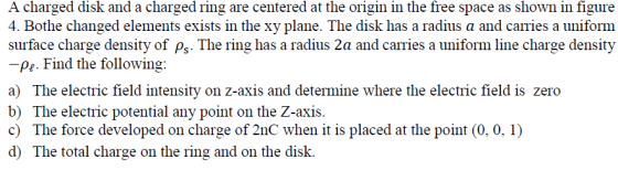 A charged disk and a charged ring are centered at the origin in the free space as shown in figure 4. Bothe changed elements e