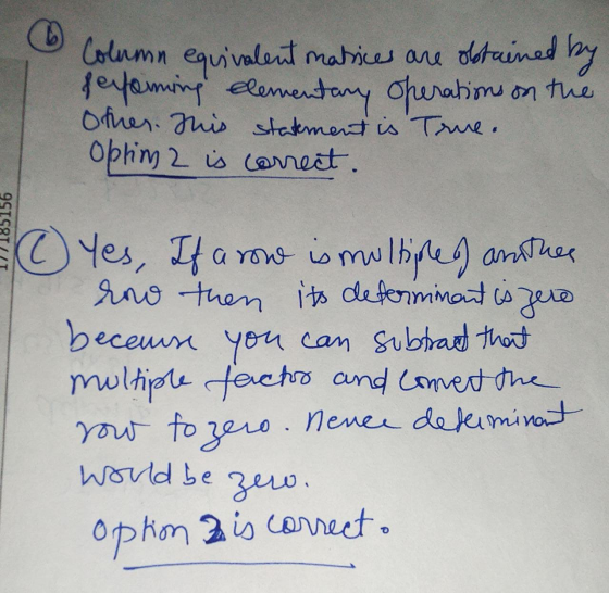 © Column equivalent matrices are obtained by fexoining elementary operations on the other. This statement is True. oplim 2 is