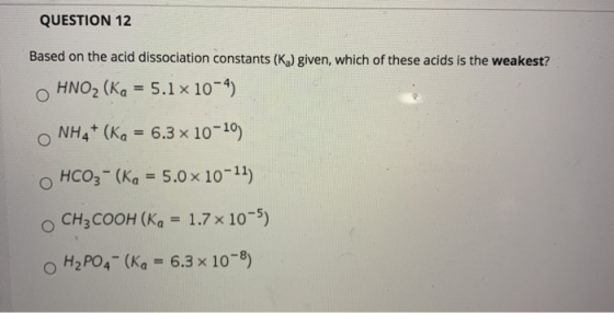 QUESTION 12 Based on the acid dissociation constants (Ka) given, which of these acids is the weakest? о HNO2 (ka = 5.1 x 10-4