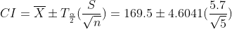 CI=\overline{X}\pm T_{\frac{\alpha }{2}}(\frac{S}{\sqrt{n}})=169.5\pm 4.6041(\frac{5.7}{\sqrt{5}})