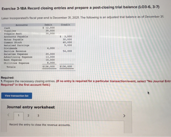 Exercise 3-18A Record closing entries and prepare a post-closing trial balance (LO3-6, 3-7) Laker incorporateds fiscal year-