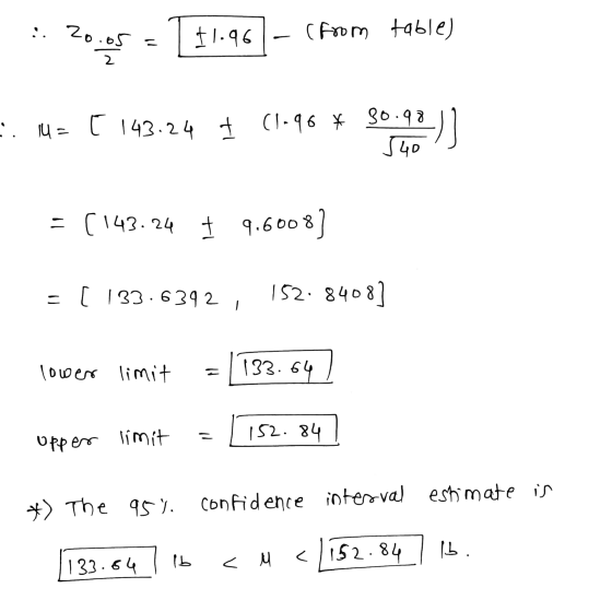 :. 20.05 +1.96 (from table) - 2 :: 14 = [ 143.24 + (1.96 * 30.98 2) 540 = (143.24 t 9.6008] = [ 133.6392 152.8408 lower limit